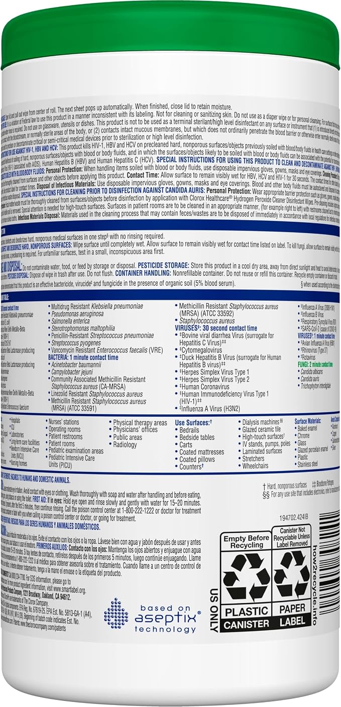 Clorox Healthcare Hydrogen Peroxide Cleaner Disinfectant Wipes, 6.75" x 9", 95 Count, Pack of 6 (Package May Vary)