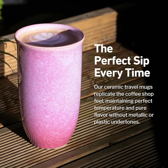 NOVA CERAMICS Coffee Travel Mug – Cup Holder Friendly Travel Mug– Microwave & Dishwasher Safe White & Purple Tumbler - Coffee Mug Fits In Cup Holder – 16oz – Astral Bloom