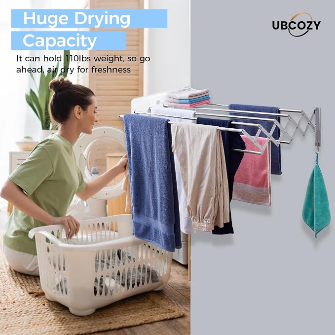 | Clothes Drying Rack Wall Mounted with Hooks - Foldable & Removable Laundry Drying Rack, Extendable 21"-39.4", 110lbs Heavy Duty Drying Rack with 7 Stainless Steel Rods for in & Out Door