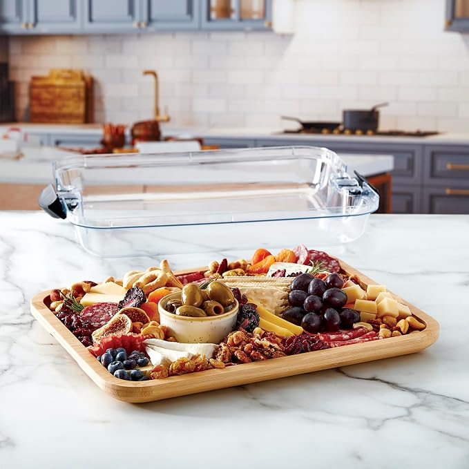 FAREBERWARE Build-A-Board Bamboo Cutting Board with Single Storage Compartment, Clear Locking Lid, Black Handles, Perfect for Charcuterie & Snacks, Pack of 2