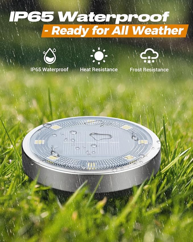 btfarm 10 Pack Solar Lights Outdoor Waterproof, 8 LED Solar Ground Lights | Stainless Steel, Easy-to-Install Flat Solar Disc Lights, Pathway Lights for Garden Lawn Patio Yard Path Landscape, Warm White