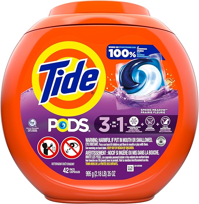 Tide, Pods laundry detergent pacs, 3-in-1 Stain Remover, Odor Fighter, Color Protector, HE compatible, Spring Meadow Scent, 42 Count