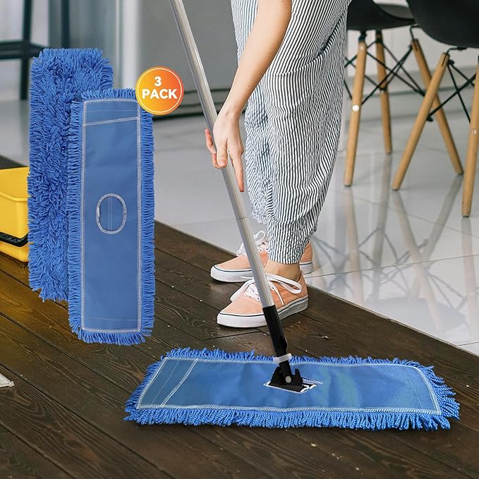 3 Pack 24 Inch Microfiber Dust Mop Head, Medium Washable Commercial Sweeper and Janitorial, Blue