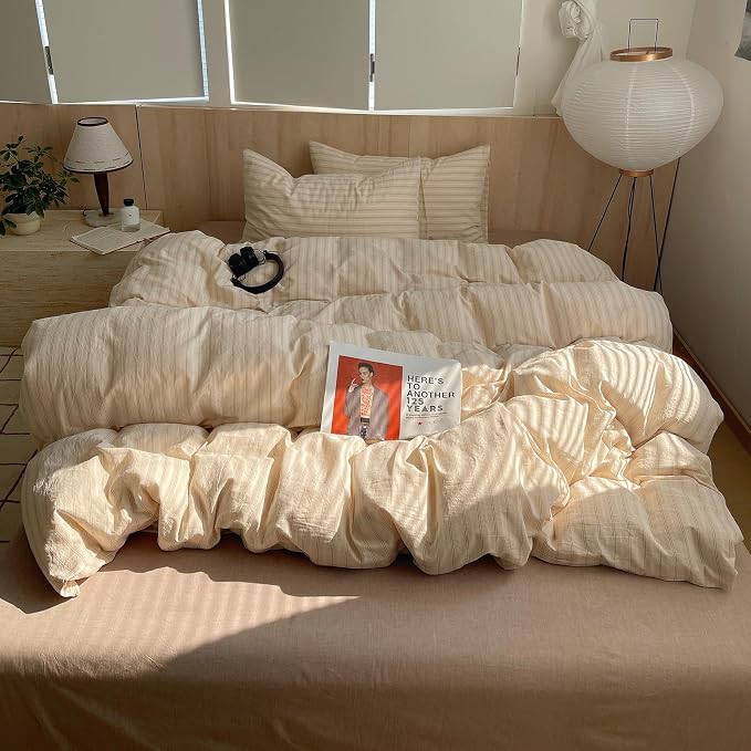 mixinni Retro Striped Duvet Cover Set King Size - 100% Washed Cotton Beige Duvet Cover with Black White Stripes, Soft Breathable 3 Piece Comforter Cover with Zipper Closure & Corner Ties