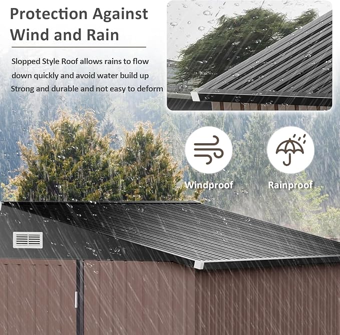 Aoxun 9.8x7.6 FT Shed Outdoor Storage Shed with Base, Brown | Metal Shed with Lockable Doors & Slooping Roof Garden Tool Shed for Backyard, Patio, Poolside