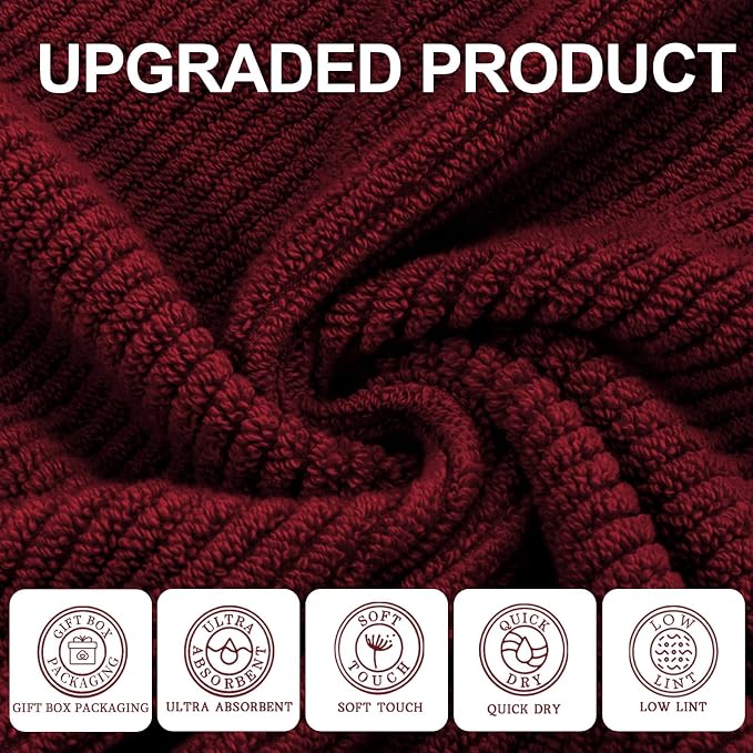 VOOVA & MOVAS 6PC Towel Set, 100% Cotton, Burgundy Red | 2 Large Bath 30x56 In, 2 Hand 18x28 In, 2 Washcloths 13x13 In, Soft, Quick Dry, Towel Gift Set