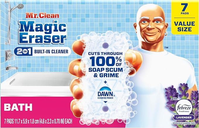 Mr. Clean Magic Eraser Sponge, Bathroom, Shower & Tub Cleaner, Soap Scum Remover, Bathroom Cleaning Supplies, Dawn Cleaning Power with Febreze Lavender Scent, 2 in 1 Bath, 7ct (Pack of 4)