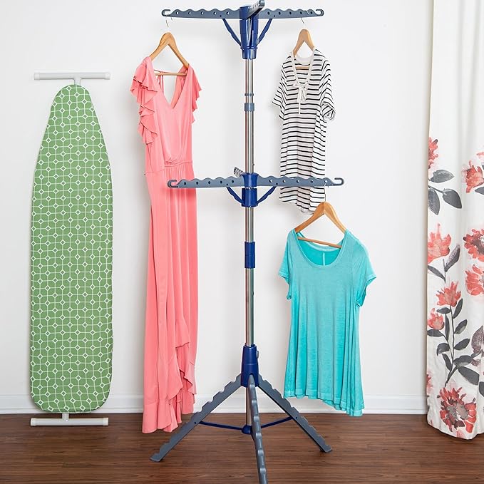 Honey-Can-Do 2-Tier Tripod Clothes Drying Rack, 73", Chrome Steel | 73" tall 2-tier tripod holds 30 garments and long dresses off the floor. Chrome steel resists rust; folds compact.