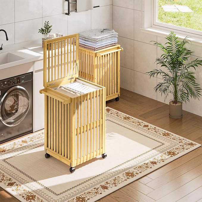 HOOBRO Laundry Hamper with Lid and Wheels, 120 L (31Gal) Double Laundry Basket, Bamboo Clothes Hamper with Handles and Removable Liner, for Laundry Room, Bathroom, Bedroom, Natural YL60XY01