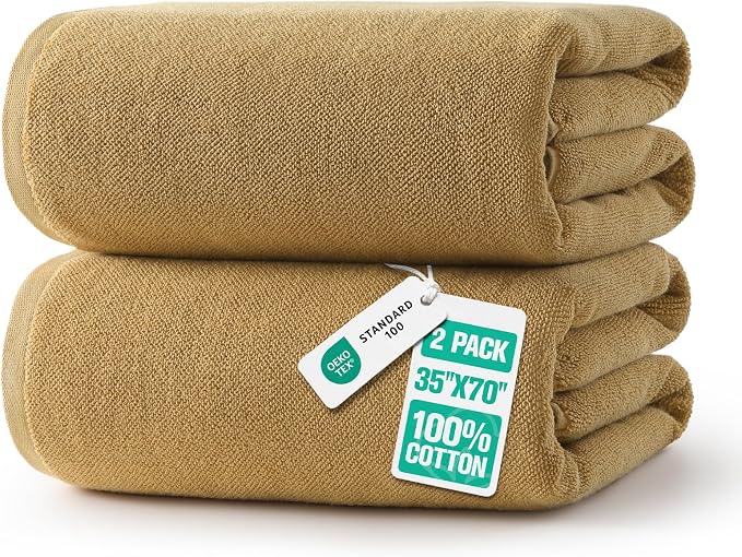 REDKISS 2 Piece Extra Large Bath Towels 35 x 70 Inches, Mustard Yellow | 100% Cotton Oversized Bath sheets, Super Soft Highly Absorbent & Quick Dry Shower Towel for Bathroom, Pool, Spa, Gym