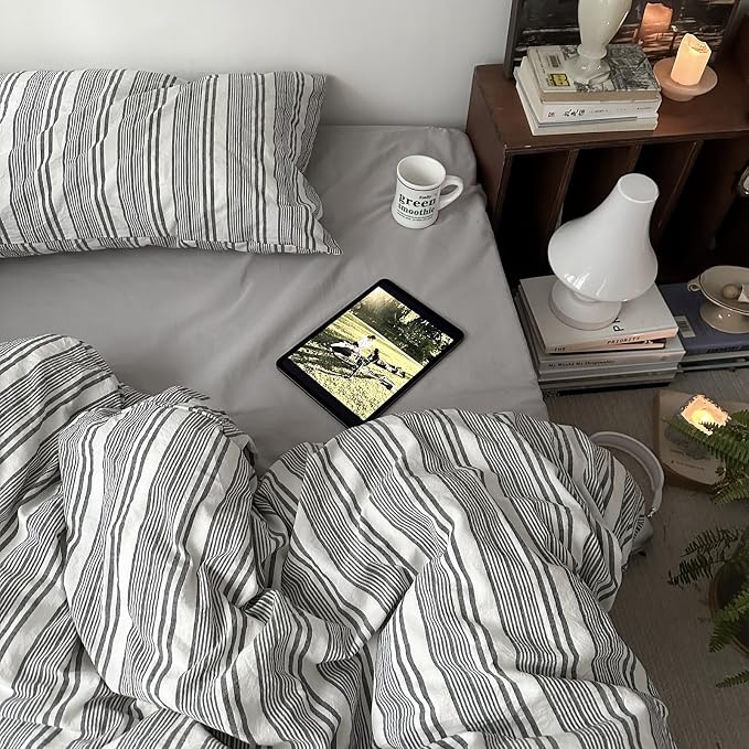 mixinni Vintage Gray & White Striped Duvet Cover Set - 3 Piece 100% Washed Cotton Queen Size Bedding | Minimalist Gender-Neutral Design | Ultra-Soft Breathable, with Zipper Closure & Corner Ties