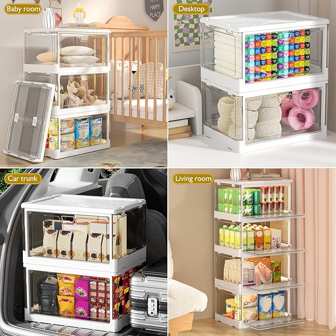 Kmiectse Clear Storage Bin with Lid 3 Pack 【Stackable & Sturdy】 Plastic Multifunctional Folding Storage Bins for Bedroom, Living Room, Study,Room, 23 QT Folding Box with Magnetic Door