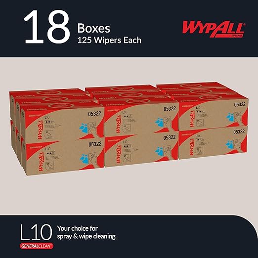 WypAll GeneralClean L10 Cloths Light Cleaning Wipes (05322), Pop-Up Box, Bulk Paper Wipers, White (18 Packs of 125 Sheets, 2,250 Sheet Total)
