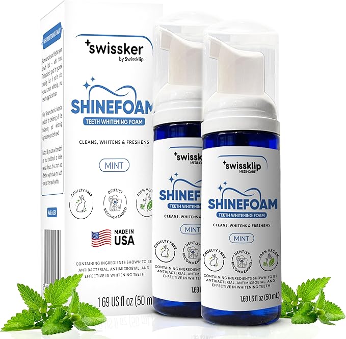 Swissker by Swissklip ShineFoam | Teeth Whitening Foam | Mint Flavor Whitening Toothpaste | Teeth Whitener I Professional Teeth Whitening Kit | 100% Vegan - Made in USA - 1.69 oz - Pack 2 | 2-Pack, Whitening Gel Kit, Teeth Whitener, Hydrogen Peroxide F...