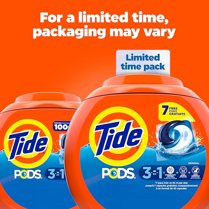 Tide PODS laundry detergent pacs, 3-in-1 Stain Remover, Odor Fighter, Color Protector, 42 Count, HE compatible, Original Scent
