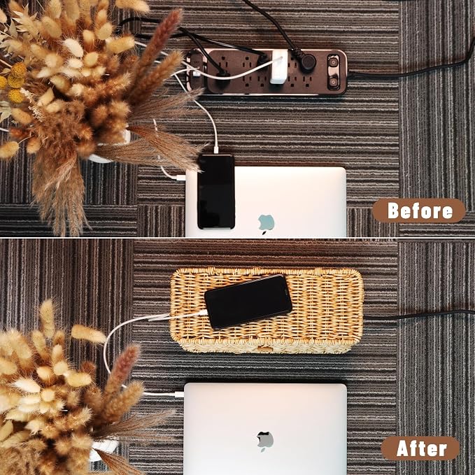 BROWNLILY Cable Management Box, Rattan Style Cord Organizer for Desk Cord Hider Outlet Covers for Power Strip TV PC Router Charger Under Desk Storage - Natural Small