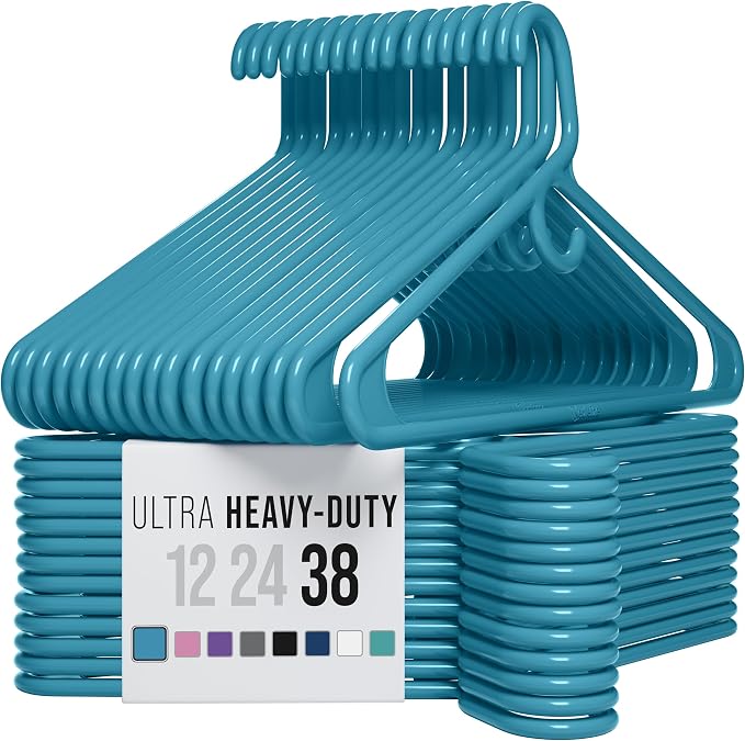 NEATERIZE Thick Heavy Duty Hangers - Blue Plastic Clothes Hangers 38 Pack - Great for Coat Hanger, Jackets Jeans & Suit Hanger for Closet - New Apartment Essentials Percheros Ganchos para Colgar Ropa