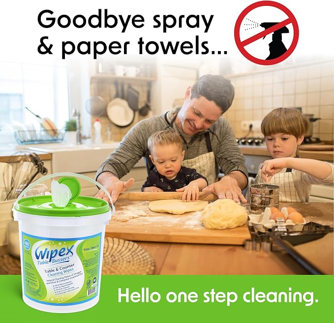 Wipex Table Bussers - Natural Table & Counter Turnover Cleaning Wipes with Vinegar, Propolis, Clove and Cinnamon Oil, 400 Count (4 Buckets, 1600 Wipes)