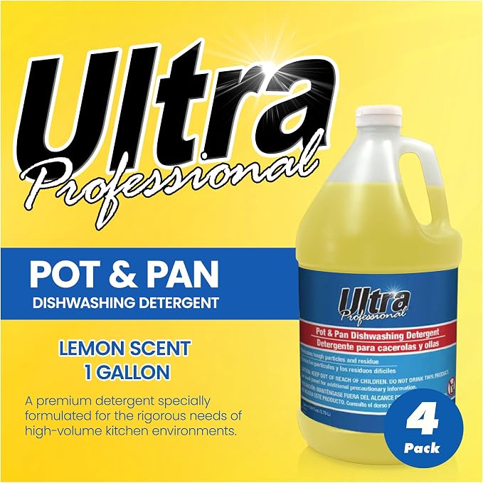 Ultra Professional ™ 4 Pack 1 Gallon Pots & Pan Dishwashing Detergent Dish Cleaning Liquid, Lemon Scent, Yellow - Powerful Grease Remover