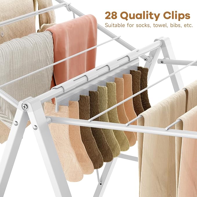 6 Height Adjustable Clothes Drying Rack with Shoe Slots, White | Pre-Assembled, Stable Load Structure, 22 Drying Rails, Foldable Space-Saving For Efficient Indoor & Outdoor Airflow Drying