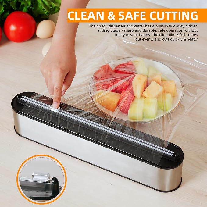 Aluminum Foil & Plastic Wrap Dispenser with Cutter - Magnetic & No-Drill Wall Mount, Stainless Steel Design, Space-Saving Kitchen Organizer for Worktops & Cabinets - Fits 12" Rolls, Silver