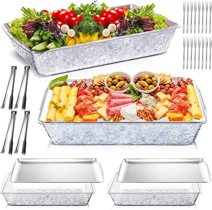 4 Set 16 x 9.45 Chilled Serving Tray for Parties with Compartments Ice Chilled Party Platter Charcuterie Serving Board with Forks Tongs for Fruit Seafood Vegetable Appetizer (Silver)