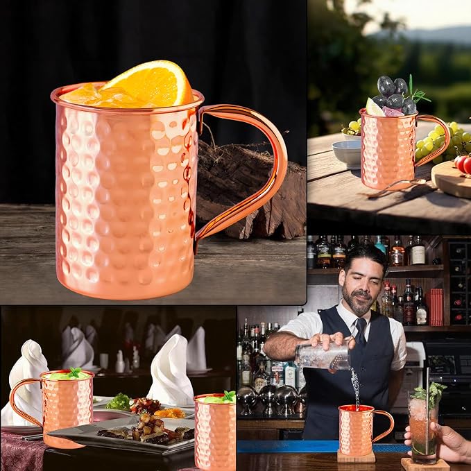 UNISWEET Moscow Mule Pure Copper Mugs - Set of 4-100% Pure Copper Hammered coffee cup, Perfect For Wine, Beer, Cold Drink, Bar, Party, Gifts (Square Copper Mugs)