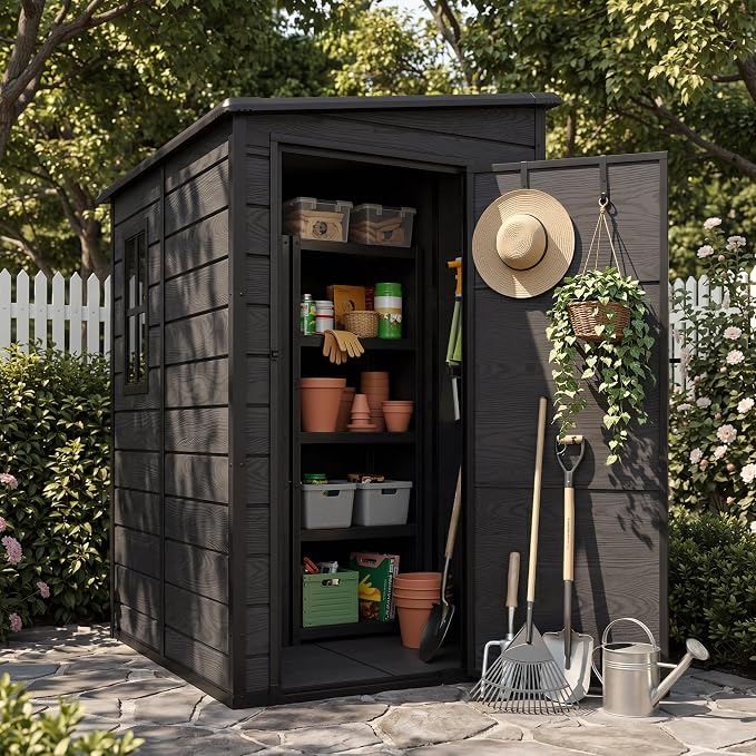 DWVO 5x4 FT Resin Outdoor Storage Shed with Floor, Large Waterproof Lockable Storage Shed with Window, Plastic Tool Shed for Garden, Backyard, Patio, Lawn