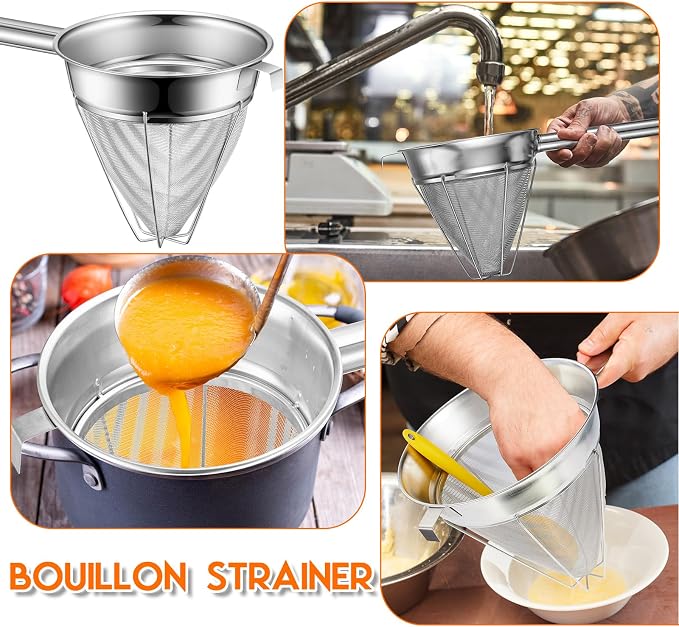 SiliFine Stainless Steel Reinforced Bouillon Sieve Strainer Cone Fine Mesh Strainer with Handle and Rubber Pestle for Kitchen Food Cooking(8 Inch)