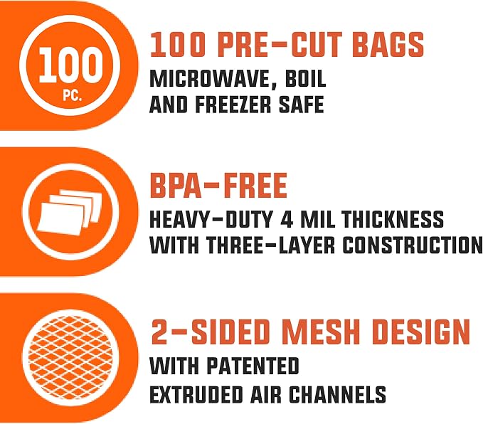 15” x 18” Pre-Cut Vacuum Bags – 100 1.5 Gallon Bags for Food Preservation – BPA-Free Vacuum Sealer Bags, Microwave, Freezer and Boil Safe, Compatible with Any Vacuum Sealer Machine