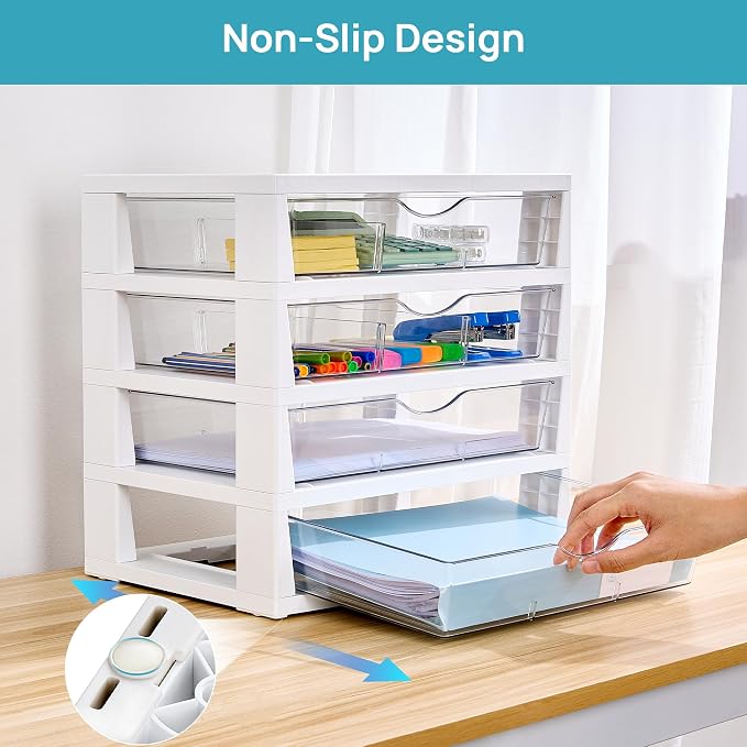 Vtopmart Clear Plastic Desk Organizer, 4-Tier Assemble Desktop File Organizer with Drawers, Office Desk Organization for Office Supplies