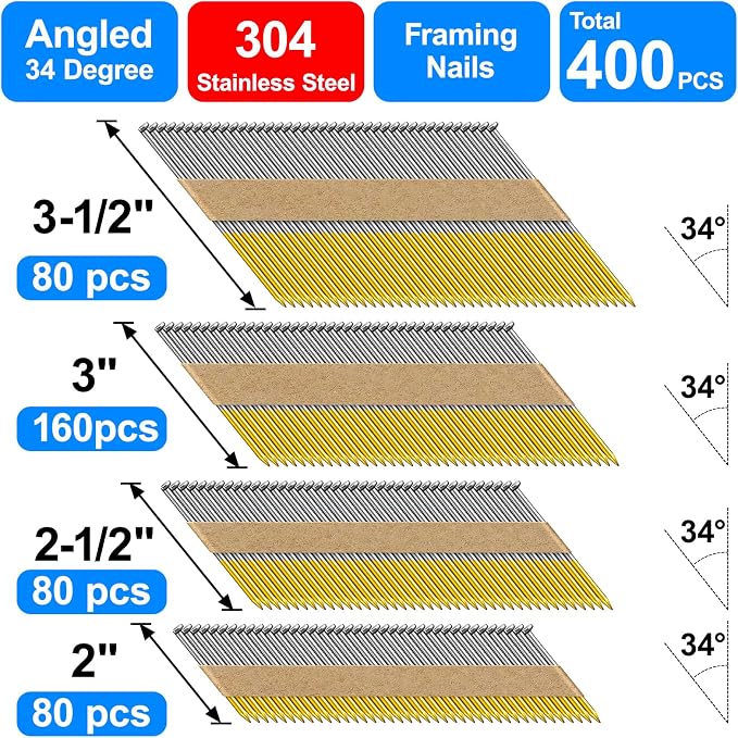 34-30 Degree Framing Nails, 2"+2-1/2"+3"+3-1/2"-400-Pack | 304 Stainless Steel D Head Smooth Shank Paper Tape Strip Nails for 30 to 34 degree Framing Nailer