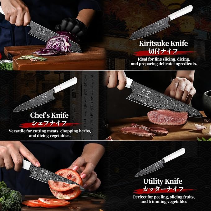 DRGSKL Japanese Knife Set Damascus - VG10 Kitchen Knife Set 3 PCS | Japanese VG10 Core, Black Anti-corrosion Coating, Damascus Blade, G10 Handle, Gift Box, Wet Edge Grinding Technology