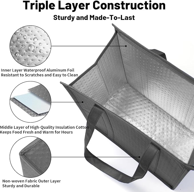 18L Insulated Grocery Bags, Zippered Top 3PCS Reinforced Handles | 12×7×13", reusable thermal lining, keeps food warm & cold, suitable for travel, picnic, camping, beach, shopping
