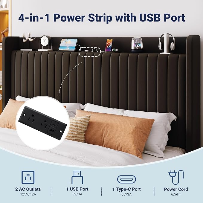 Allewie King Lift Up Storage Hydraulic Bed Frame,Charging Station,Black | Storage Shelf Headboard with Charging Station,Type-C,USB Ports,Hydraulic Support,Velvet Upholstered,No Box Spring Needed