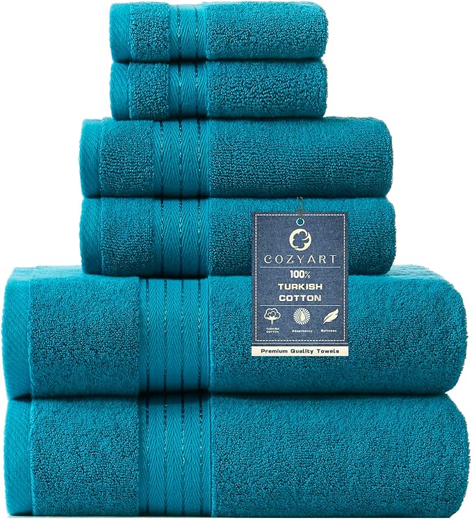 COZYART Luxury Bath Towel Set 6 Pcs Teal/Peacock Blue 100% Turkish Cotton | OEKO-Tex 100 Certified Zero Twist Ring Spun, 650GSM Soft Absorbent Quick Dry, Plush, Breathable Hotel Quality for Daily Use