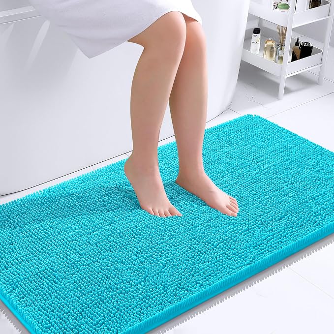OLANLY Large Bathroom Rugs 40x24, Extra Soft Absorbent Chenille Bath Rugs, Rubber Backing Quick Dry, Machine Washable Bath Mats for Bathroom Floor, Tub and Shower, Home Decor Accessories, Aqua Sky