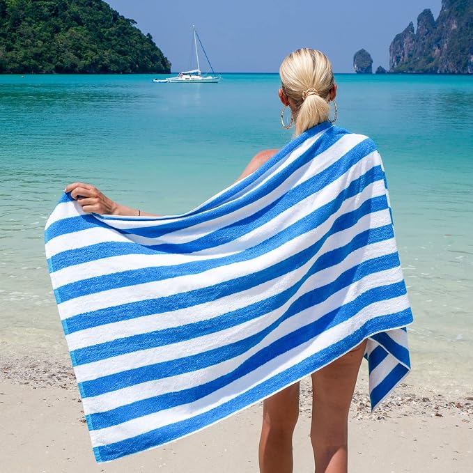 Arkwright California Cabana Stripe Beach Towel - Pack of 4, Large Soft Quick Dry 100% Cotton Terry Towels Set for Pool, Swim, and Hot Tub, Oversized 30 x 70 in, Blue