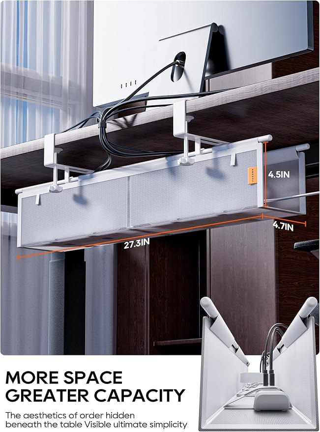 27" No Drill Under Desk Cable Management Tray (White) | Fire-Resistant Thickened Nylon Material, Clip-on Cord Organizer to Hide Power Strip, Heat Dissipation Mesh Design, for Office