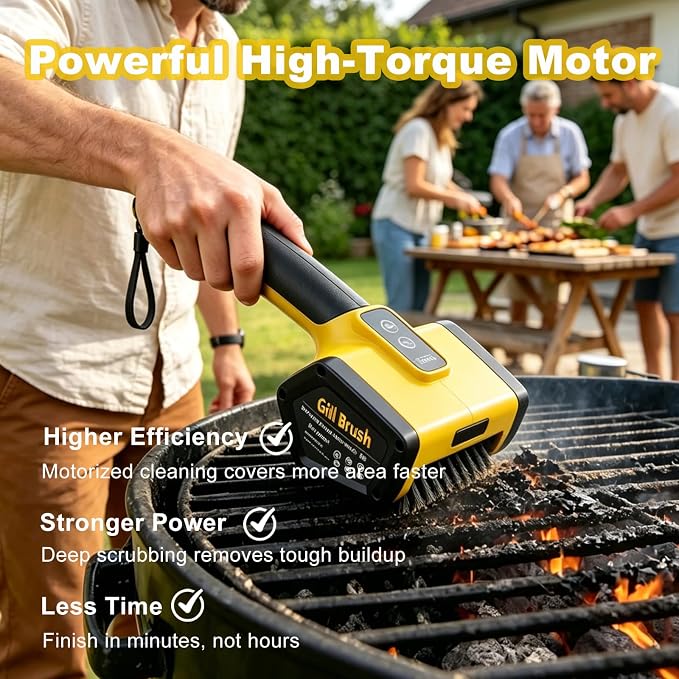 Electric BBQ Grill Brush,3000mAh Electric Grill Cleaner for Outdoor Grill, 2-Speed Power, Type-C Charging, 2 Brush Heads & LED Light, Motorized Grill Cleaning Brush for Camping & Family BBQ(Yellow)