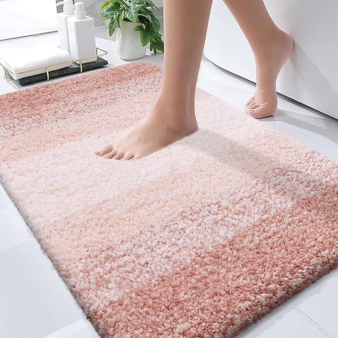 OLANLY Bathroom Rugs Mat 34x21, Extra Soft Absorbent Microfiber Bath Rugs, Rubber Backing, Quick Dry, Machine Washable Bath Mats for Bathroom Floor, Tub and Shower, Home Decor Accessories, Peach
