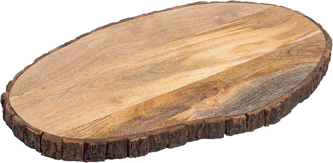 GoCraft Oval Wooden Cutting Board with Tree Bark Rim | Mango Wood Live Edge Chopping, Prep, Serve Board | Charcuterie Platter - 17" x 10"