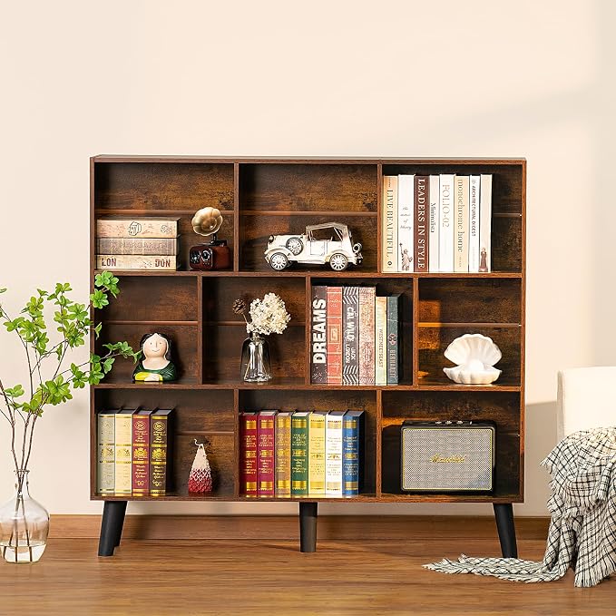 LEYAOYAO 10 Cube Bookshelf, Mid-Century Modern Book Shelf with Legs, Brown | 3 Tier Bookcase, Rustic Wood Bookshelves Freestanding Large Storage Organizer, Open Shelves for Bedroom, Living Room, Office