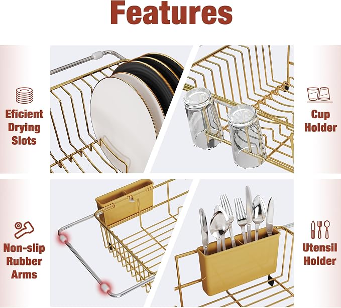 JASIWAY Gold Dish Drying Rack in Sink with Drainboard and Utensil Holder | Use Over the Sink or Counter, Stainless Steel Expandable Dish Drainer for Small Kitchen, Space Saving, Fast Drain, Rustproof