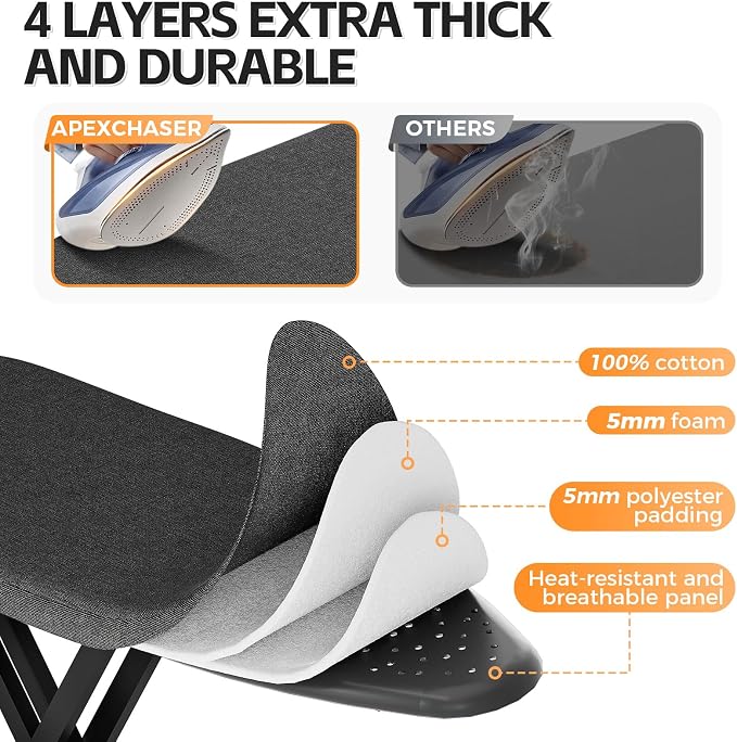 APEXCHASER Ironing Board Full Size, Iron Board and Ironing Board Set Height Adjustable, Foldable Ironing Boards Standard Size, Iron Table Stand with Anti-Skid Legs and Iron Rest, 13" x 43" Black