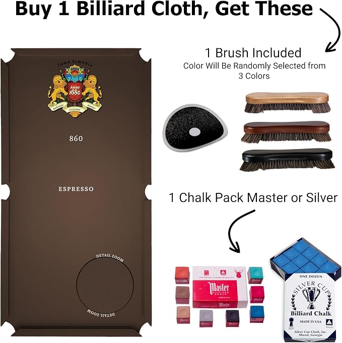 Simonis 860 Pool Table Cloth Replacement Kit for Tables Includes Precut Bed and Rail Cloth, Horsehair Brush, Spots, and Chalk (Multiple Colors)