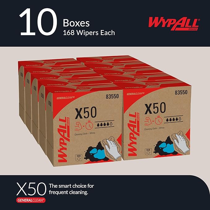 WypAll GeneralClean X50 Cloths Cleaning Wipes (83550), Pop-Up Box, Strong Towels for Extended Use, White (10 Packs of 168 Sheets, 1,680 Sheet Total)