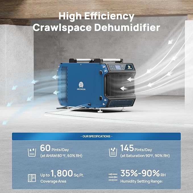 ARGENDON Commercial Dehumidifier for Crawlspace, 145 PPD Industrial Dehumidifiers with Drain Hose for Basement, Large Space, Auto Defrost, Compact, ETL, 5-Year Limited Warranty, Guardian 60