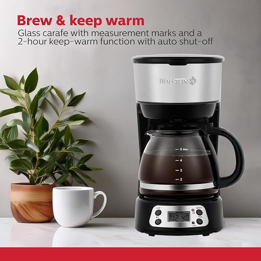 Holstein Housewares 5-Cup Programmable Coffee Maker, 25oz Drip Coffee Machine with Auto Brew Timer, Pause & Serve, Compact Design – Perfect for Home, Office & Dorm Use, Black