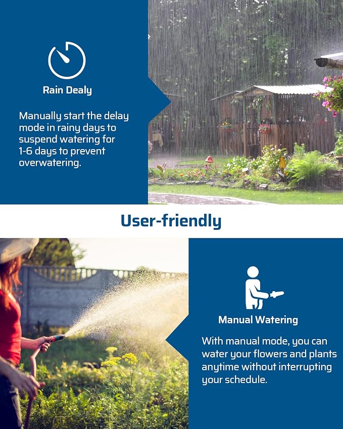 DEWENWILS Sprinkler Timer 4 Zone, Water Timer for Garden Hose with Rain Delay/Manual/AUTO Irrigation, Programmable Outdoor Faucet Hose for Yard, Lawn